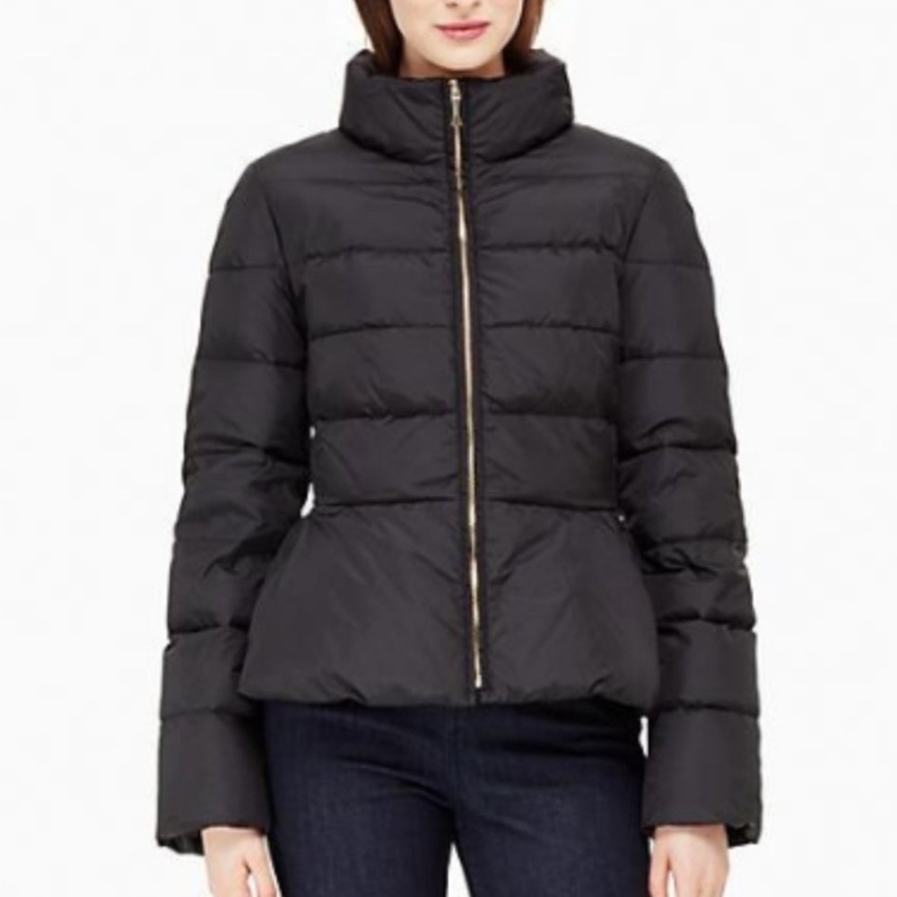 Kate Spade New Goose Down Fill Peplum Puffer Jacket Classic Black Designer NWT